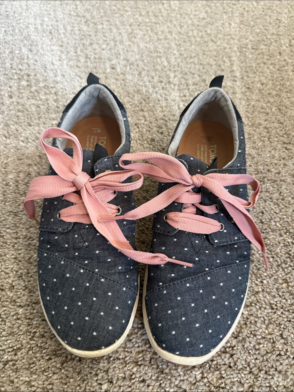 Toms Navy Polka Dot Sneakers with Pink Ribbon Laces